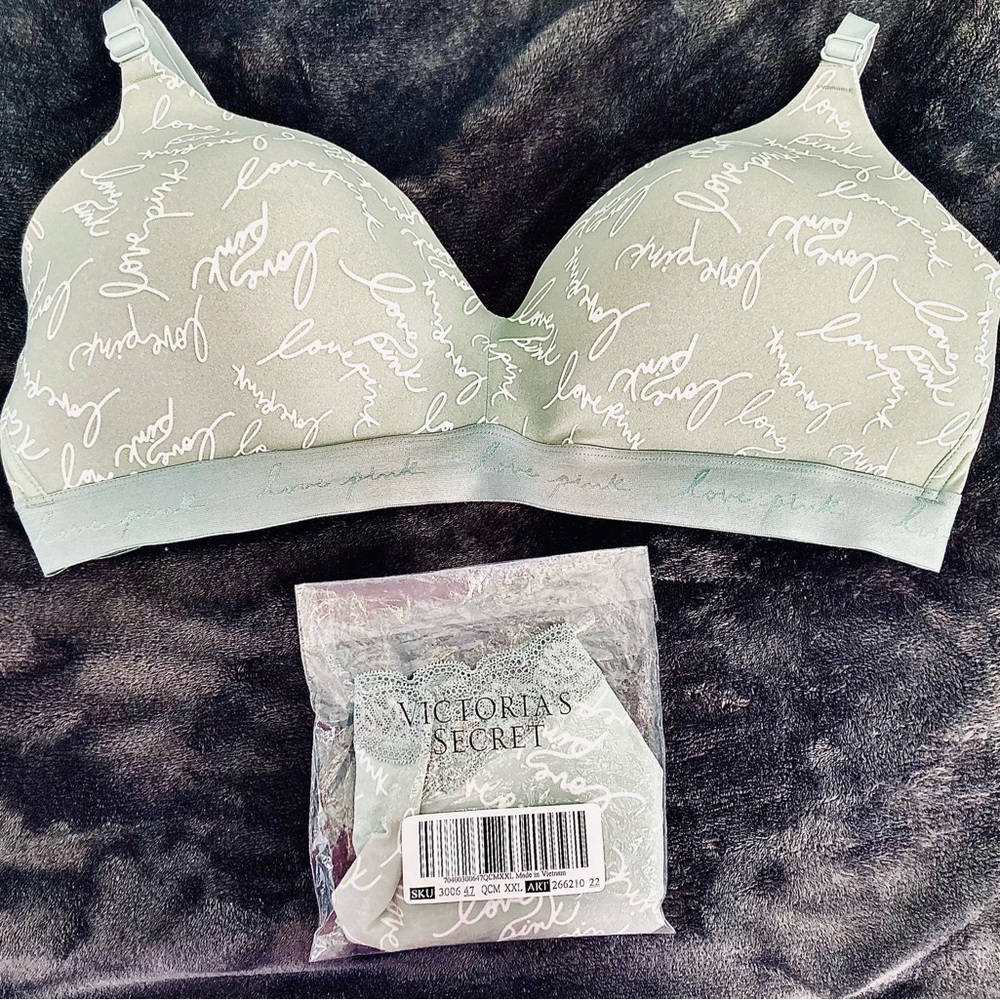 VS PINK Wear Everywhere Lightly Lined Wireless Bra size 40DD & Matching Panties